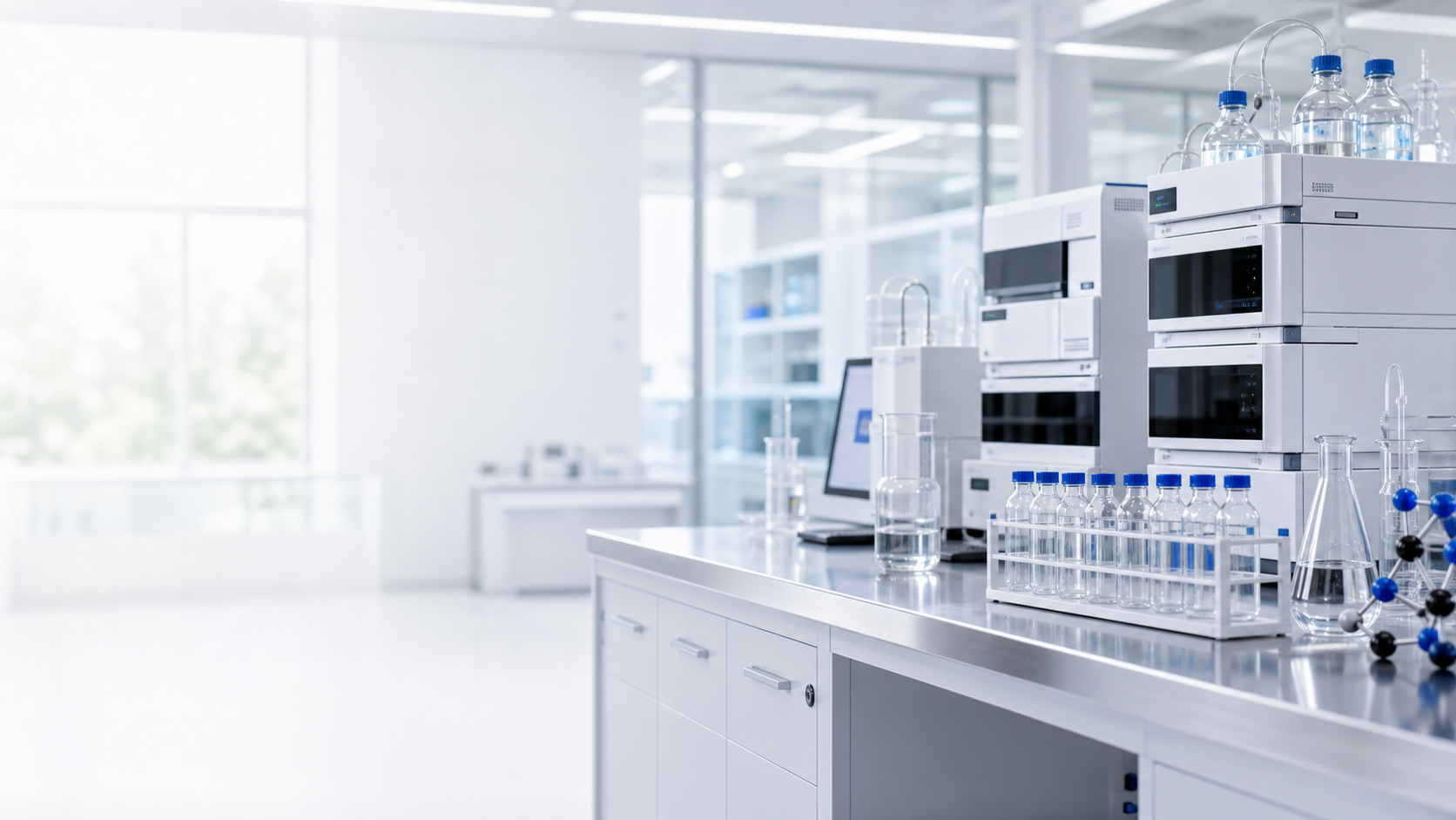 Modern analytical chemistry laboratory with instruments and sample vials